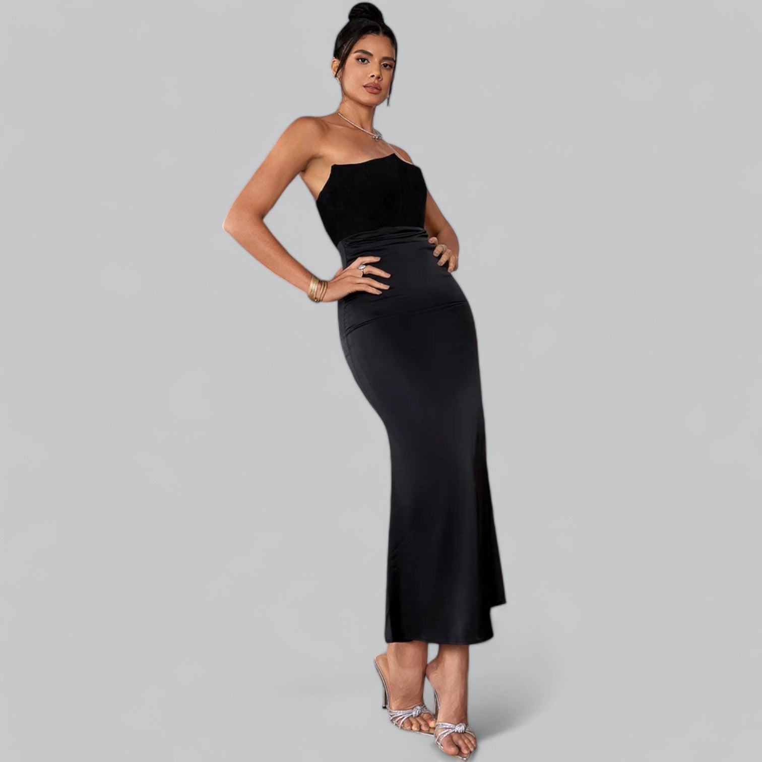 Elegant Strapless Corset Velvet Sheath Maxi Dress