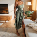 Women’s Linen Midi Dress – V-Neck – Open Back – Adjustable Tie Straps – Side Slit