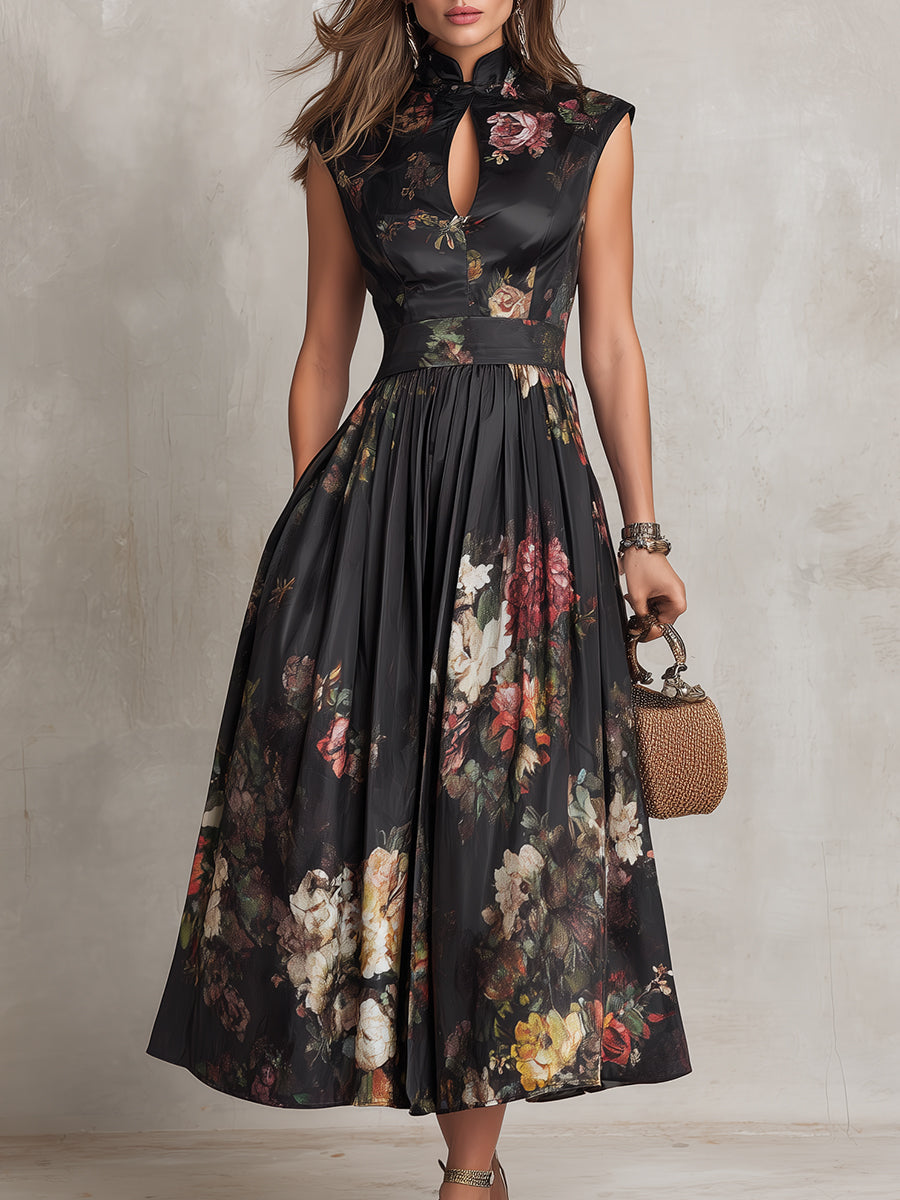 Cordelia | Dark Floral Keyhole Midi Dress